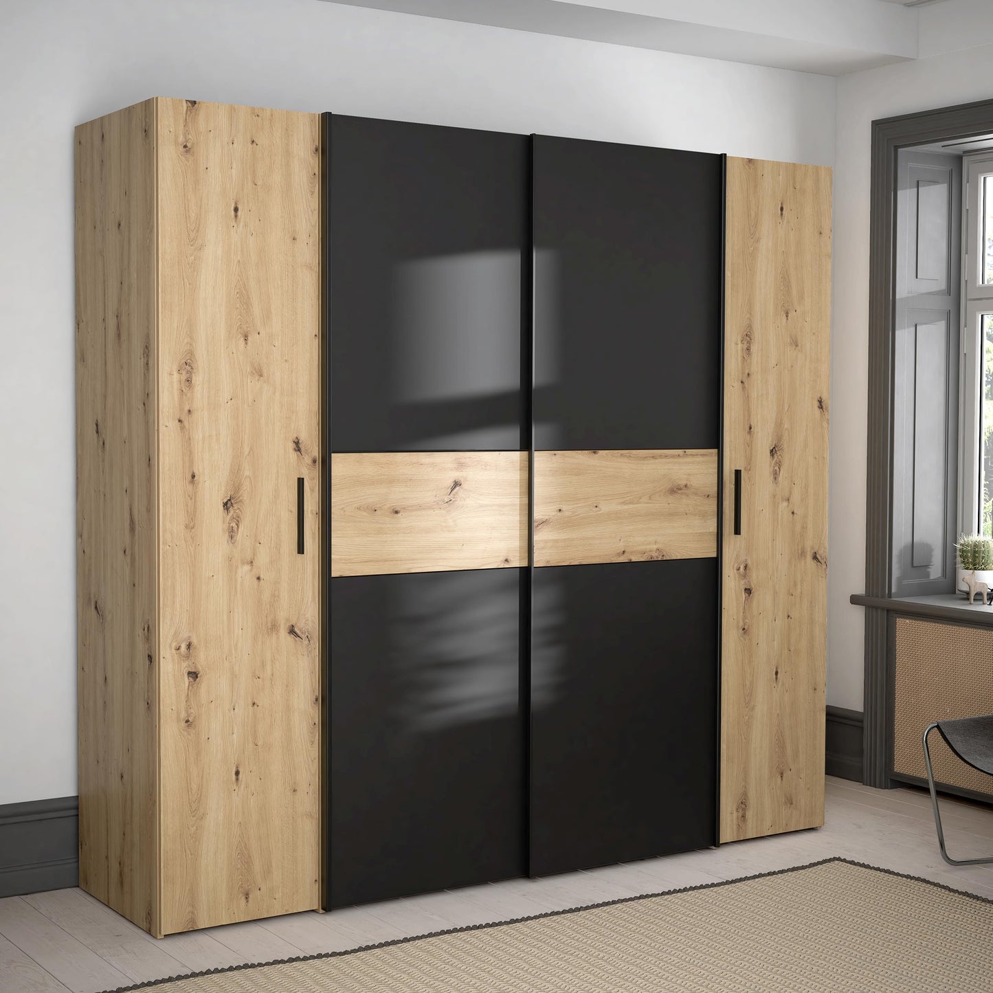 Forte Kalixtus Kleiderschrank mit Schwebetüren – Moderner 4-türiger Kleiderschrank aus Holzwerkstoff mit Kleiderstange & Einlegeböden