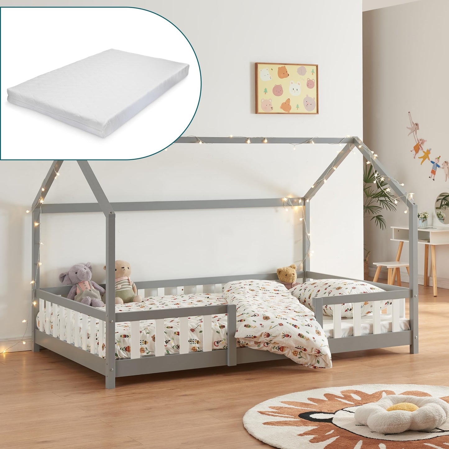 [en.casa] Kinder Hausbett aus Kiefernholz mit Lattenrost & Matratze, Montessori Kinderbett mit Rausfallschutz, stabiles Spielbett für Kinderzimmer