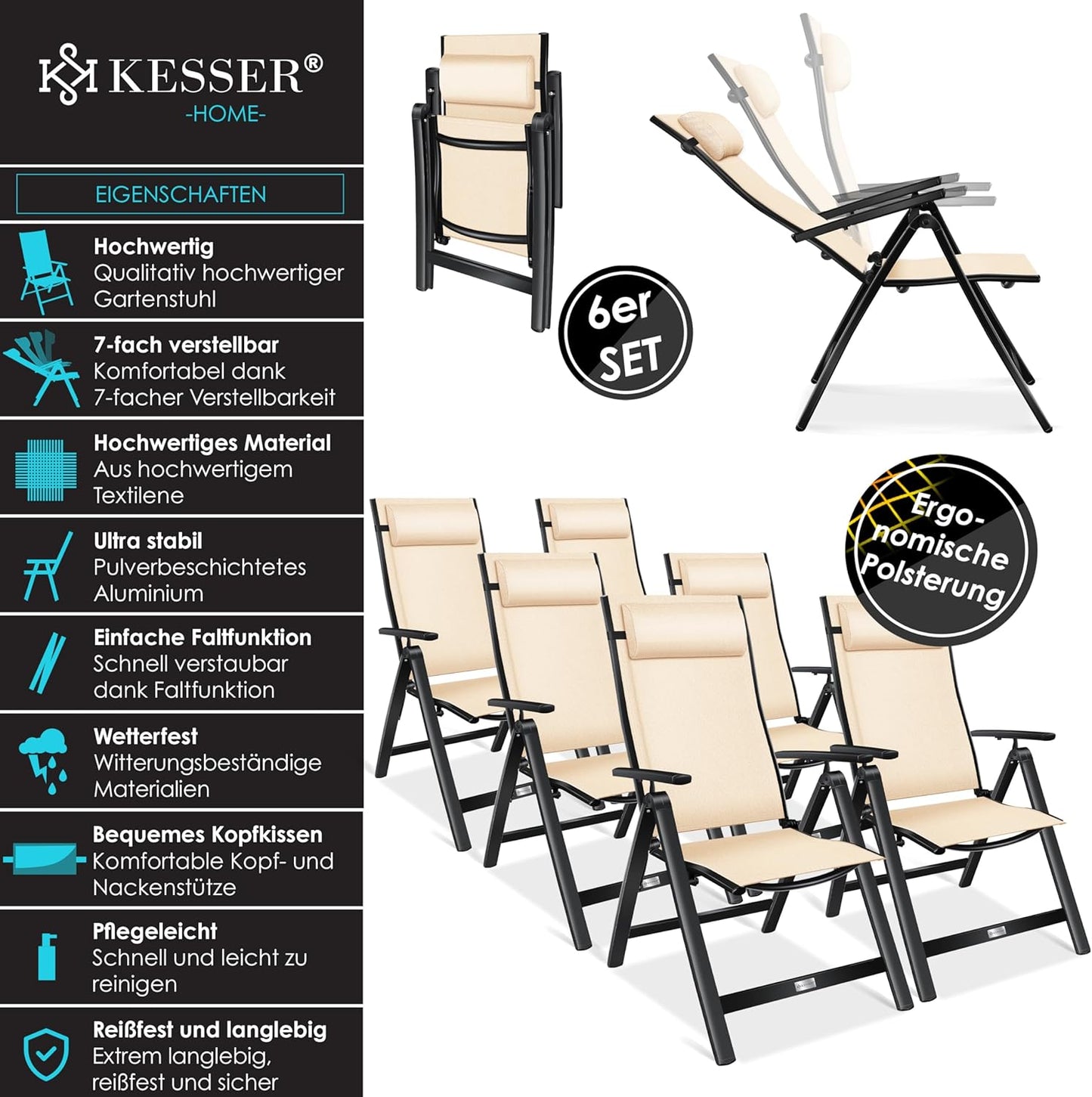 KESSER Gartenstuhl Hochlehner Set – Klappbarer Aluminium Gartenstuhl mit Armlehnen, 7-fach verstellbar, wetterfest & atmungsaktiv
