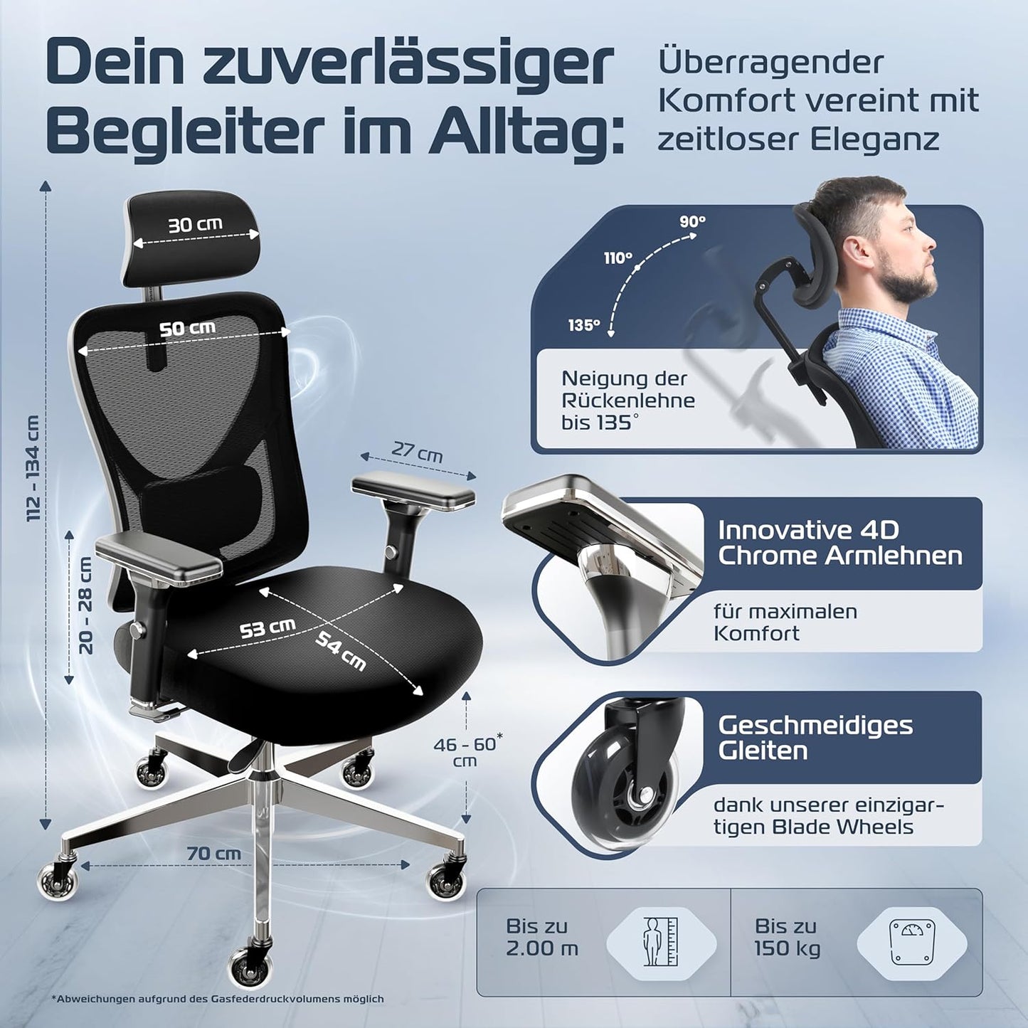 CLOUVOU CleverSeat Ergonomischer Bürostuhl – Verstellbarer Schreibtischstuhl mit 4D Armlehnen, Kopfstütze & Lendenstütze, Drehstuhl bis 150 kg