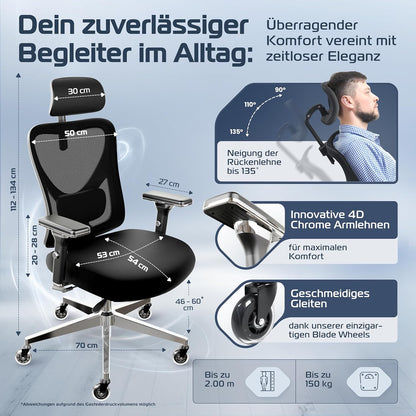 CLOUVOU CleverSeat Ergonomischer Bürostuhl – Verstellbarer Schreibtischstuhl mit 4D Armlehnen, Kopfstütze & Lendenstütze, Drehstuhl bis 150 kg