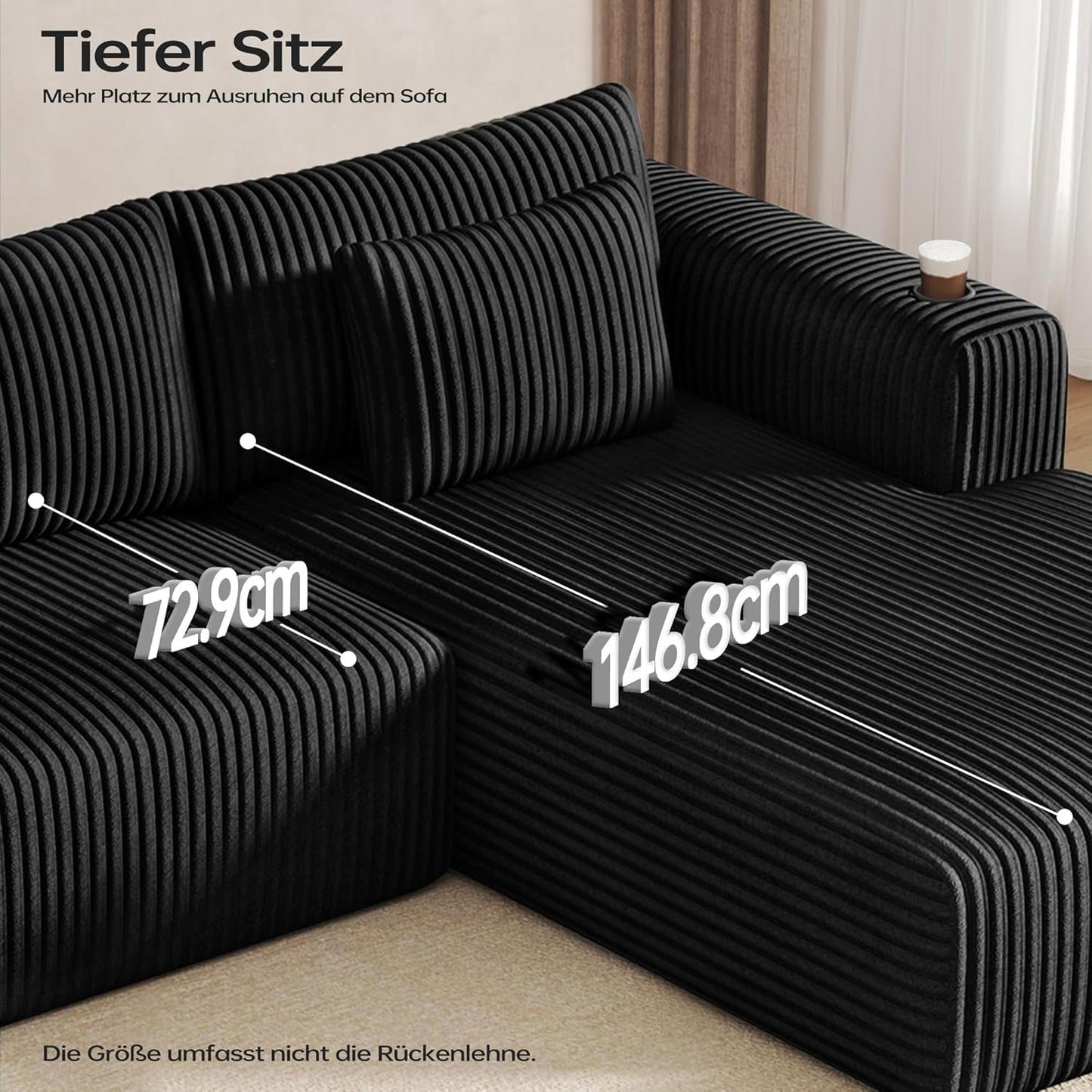 DURASPACE Cord Modulares L-Form Sofa mit Schlaffunktion, Memory-Schaum Cloud Couch mit tiefer Sitzfläche, Getränkehalter