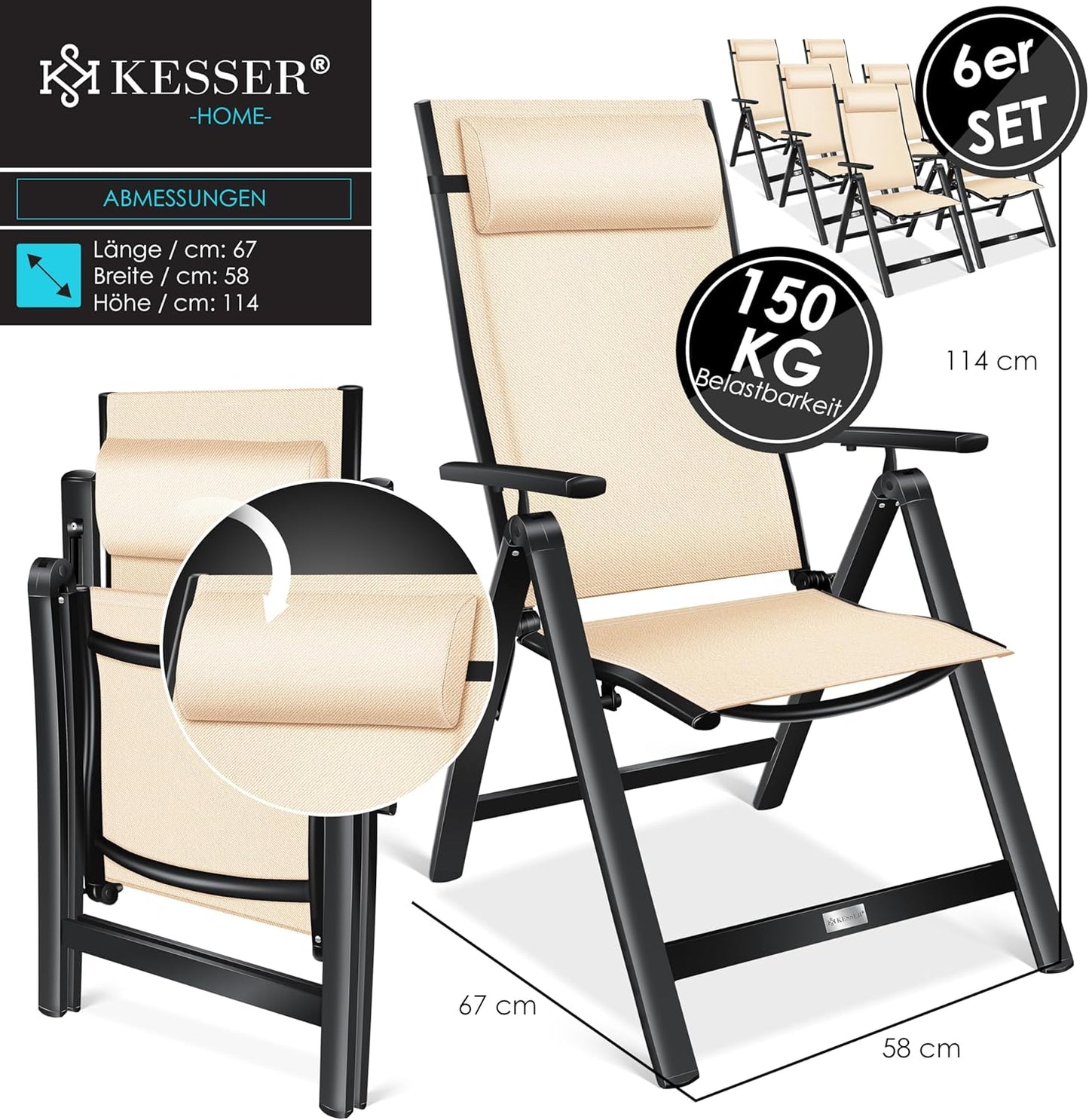 KESSER Gartenstuhl Hochlehner Set – Klappbarer Aluminium Gartenstuhl mit Armlehnen, 7-fach verstellbar, wetterfest & atmungsaktiv