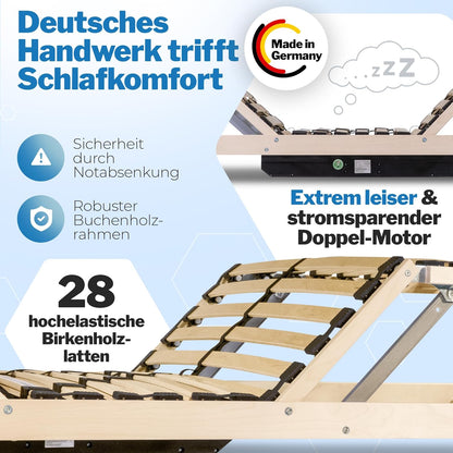 RehaSleep Komfort Lattenrost elektrisch verstellbar – Birkenholz, ergonomisch, 28 Leisten, Schlafsystem für optimalen Liegekomfort