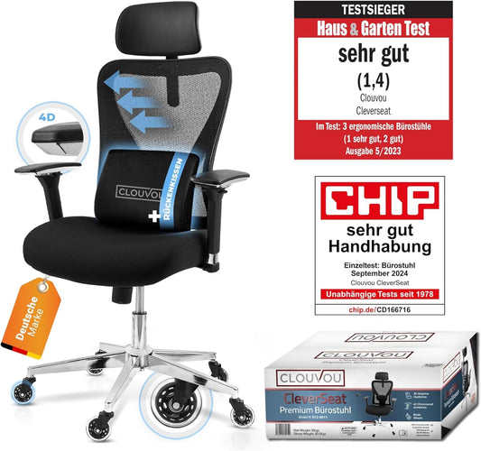 CLOUVOU CleverSeat Ergonomischer Bürostuhl – Verstellbarer Schreibtischstuhl mit 4D Armlehnen, Kopfstütze & Lendenstütze, Drehstuhl bis 150 kg