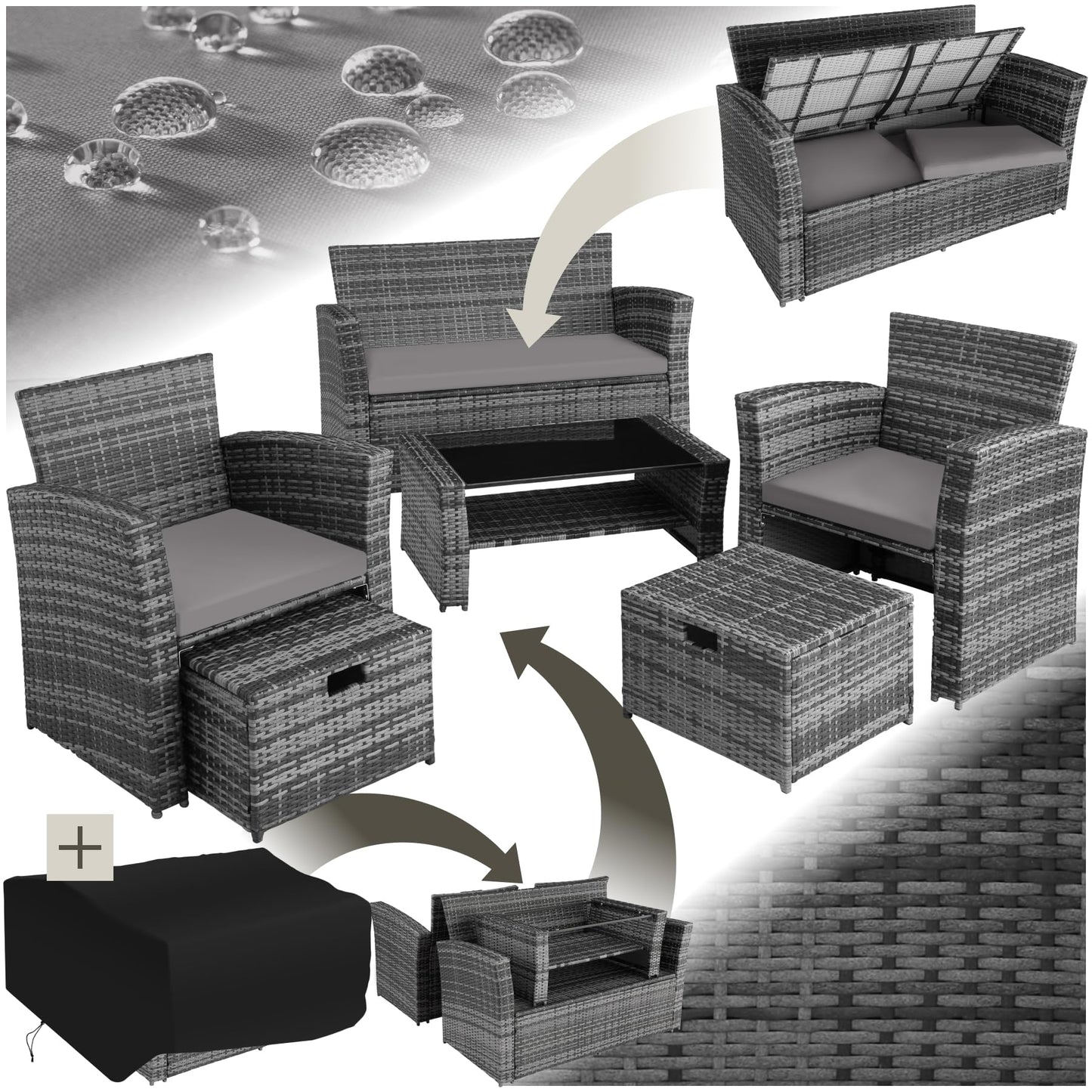 Tectake Polyrattan Garten Sitzgruppe mit Hocker & Auflagenbox, Rattan Lounge Set