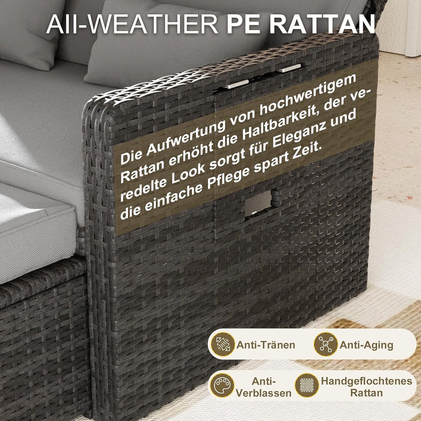 UDPATIO Rattan Lounge Sofa 2-Sitzer Grau meliert mit Hocker & Stauraum, verstellbare Rückenlehne, Metall & PE-Rattan