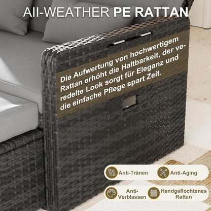 UDPATIO Rattan Lounge Sofa 2-Sitzer Grau meliert mit Hocker & Stauraum, verstellbare Rückenlehne, Metall & PE-Rattan