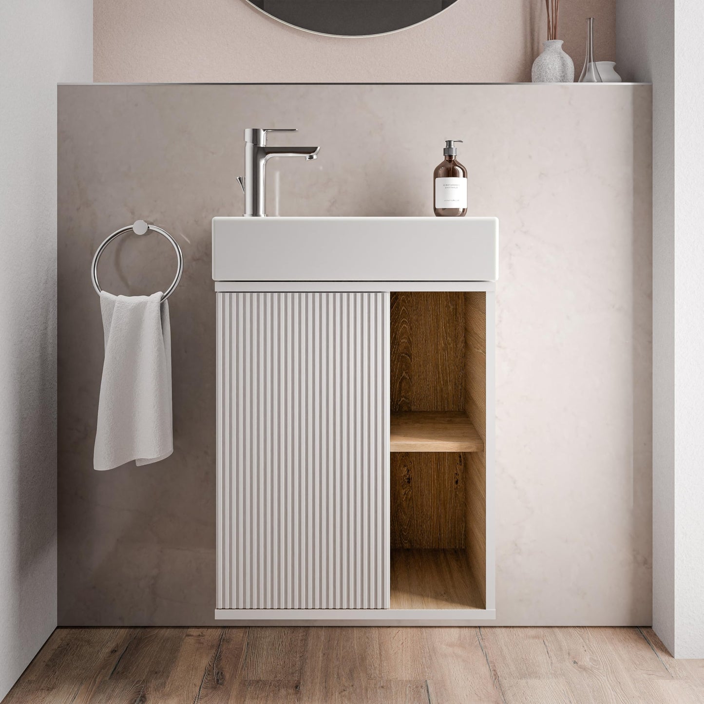 BERNSTEIN Beldivo Badmöbel Set mit Waschbecken – Wandhängender Waschtischunterschrank mit Keramikbecken, Push-Open & Soft-Close, MDF