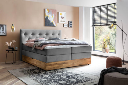 Belanoti Marbo Boxspringbett mit Bettkasten, 7-Zonen Taschenfederkern Matratze & Visco Topper, Massivholz Eiche, Polsterbett