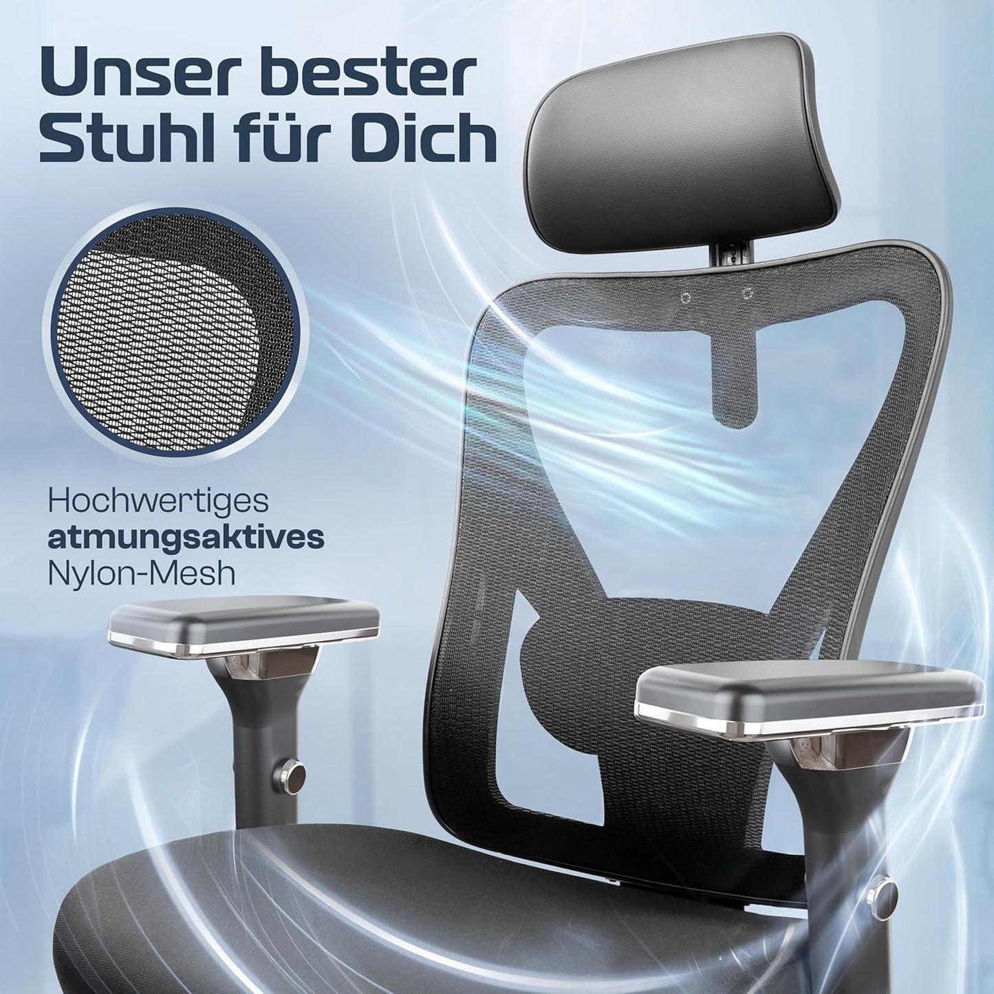 CLOUVOU CleverSeat Ergonomischer Bürostuhl – Verstellbarer Schreibtischstuhl mit 4D Armlehnen, Kopfstütze & Lendenstütze, Drehstuhl bis 150 kg