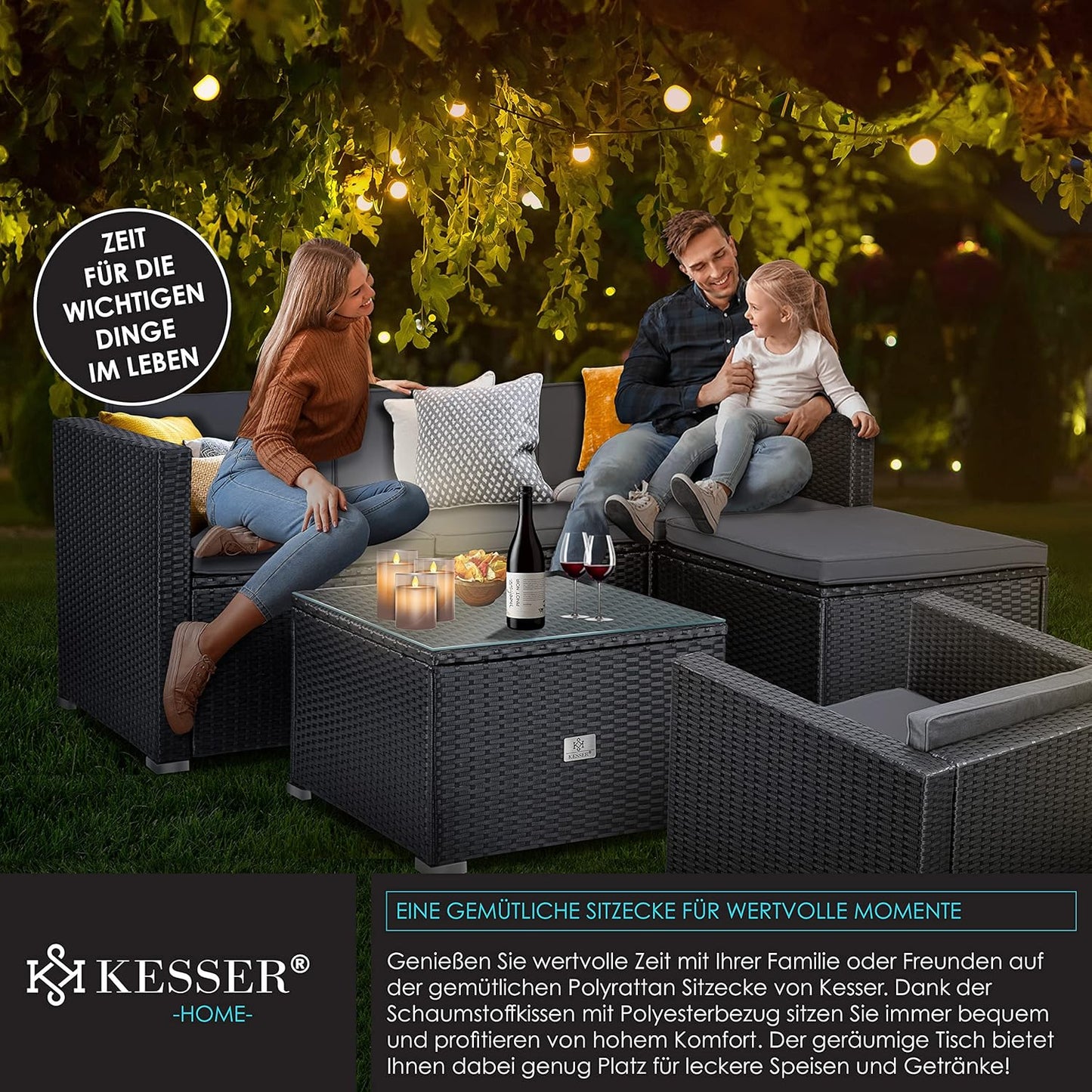 KESSER Polyrattan Gartenlounge Set Anthrazit – 4-teiliges Gartenmöbel Set mit Sofa, Sessel, Hocker & Tisch für Terrasse, Balkon, Garten