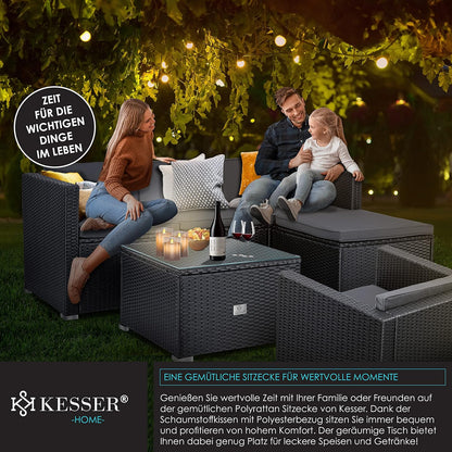 KESSER Polyrattan Gartenlounge Set Anthrazit – 4-teiliges Gartenmöbel Set mit Sofa, Sessel, Hocker & Tisch für Terrasse, Balkon, Garten