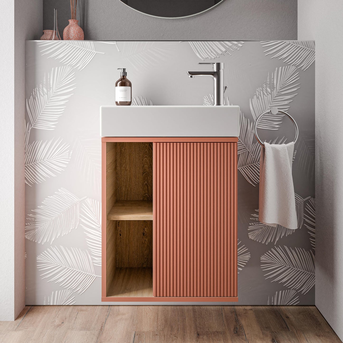 BERNSTEIN Beldivo Badmöbel Set mit Waschbecken – Wandhängender Waschtischunterschrank mit Keramikbecken, Push-Open & Soft-Close, MDF