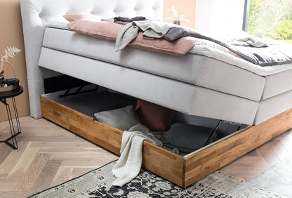 Belanoti Marbo Boxspringbett mit Bettkasten, 7-Zonen Taschenfederkern Matratze & Visco Topper, Massivholz Eiche, Polsterbett