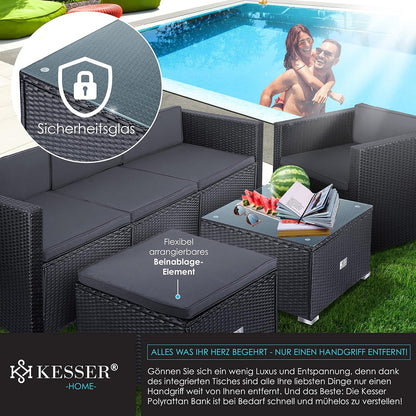 KESSER Polyrattan Gartenlounge Set Anthrazit – 4-teiliges Gartenmöbel Set mit Sofa, Sessel, Hocker & Tisch für Terrasse, Balkon, Garten