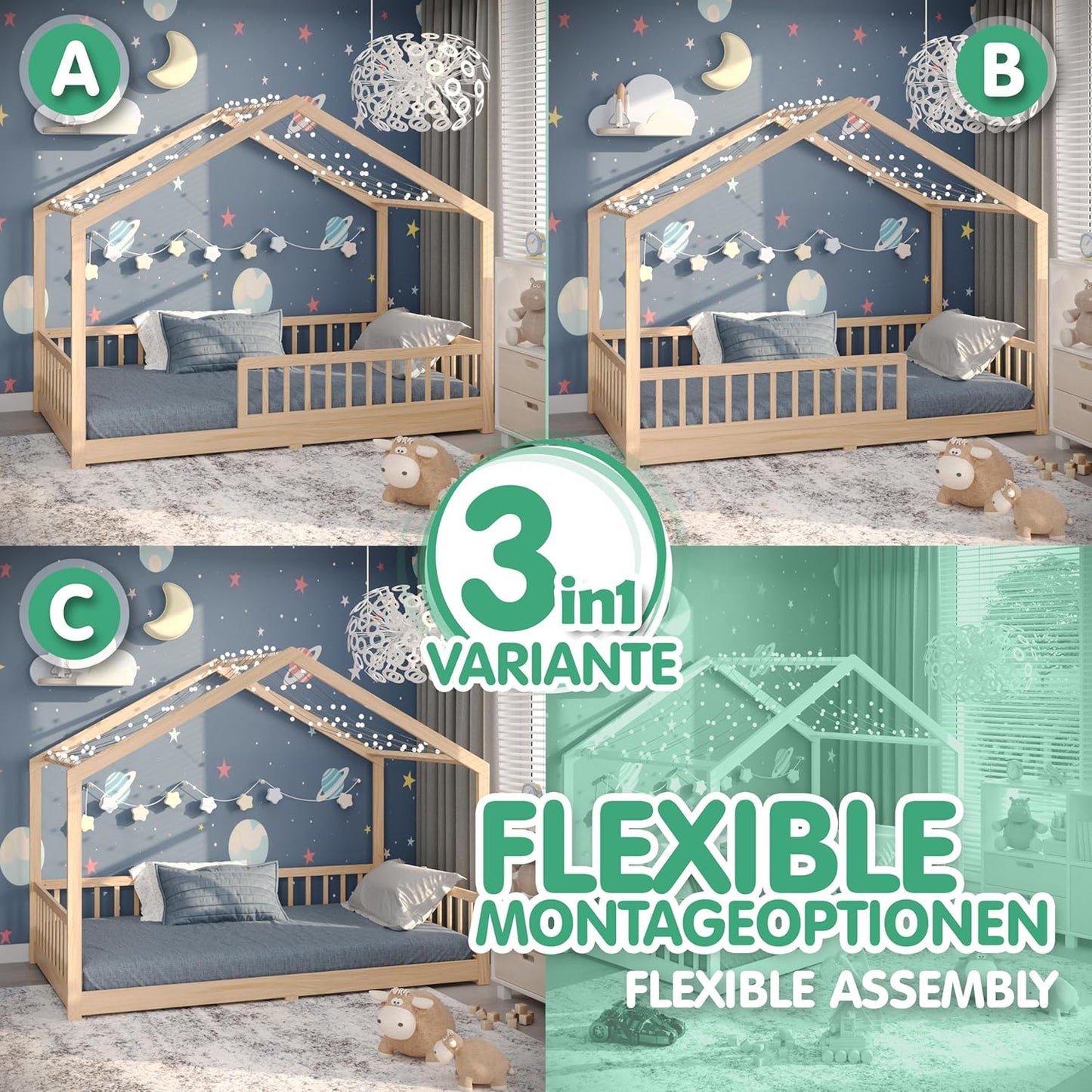 CADANI Malte Kinderbett Hausbett – Montessori Bodenbett aus Massivholz mit Rausfallschutz & Lattenrost – Skandinavisches Kinderbett