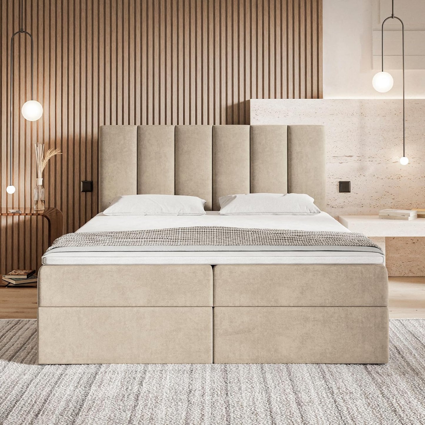 Motivena Santiago Boxspringbett 160x200 Beige Samt – Bett mit Bettkasten, Bonellfederkern Matratze H4 & Komfortschaum Topper H3