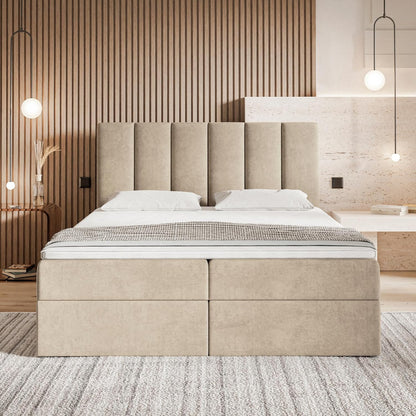 Motivena Santiago Boxspringbett 160x200 Beige Samt – Bett mit Bettkasten, Bonellfederkern Matratze H4 & Komfortschaum Topper H3
