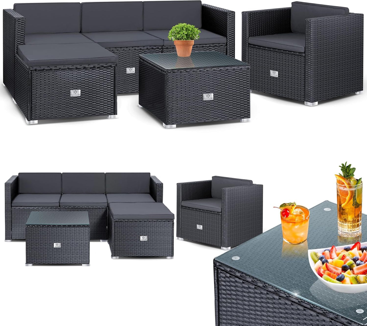 KESSER Polyrattan Gartenlounge Set Anthrazit – 4-teiliges Gartenmöbel Set mit Sofa, Sessel, Hocker & Tisch für Terrasse, Balkon, Garten