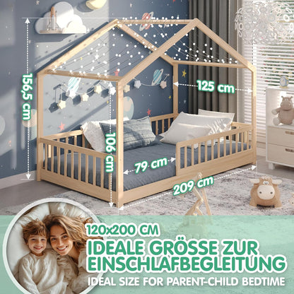 CADANI Malte Kinderbett Hausbett – Montessori Bodenbett aus Massivholz mit Rausfallschutz & Lattenrost – Skandinavisches Kinderbett