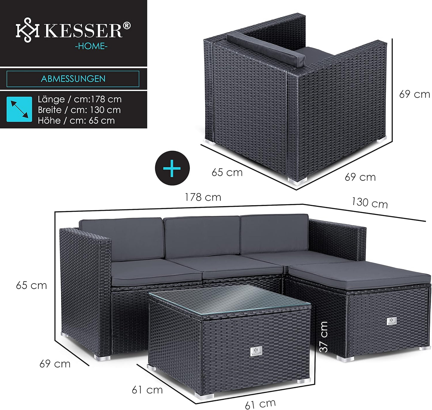 KESSER Polyrattan Gartenlounge Set Anthrazit – 4-teiliges Gartenmöbel Set mit Sofa, Sessel, Hocker & Tisch für Terrasse, Balkon, Garten