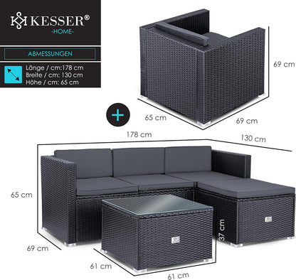 KESSER Polyrattan Gartenlounge Set Anthrazit – 4-teiliges Gartenmöbel Set mit Sofa, Sessel, Hocker & Tisch für Terrasse, Balkon, Garten