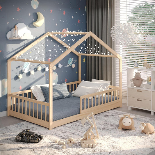 CADANI Malte Kinderbett Hausbett – Montessori Bodenbett aus Massivholz mit Rausfallschutz & Lattenrost – Skandinavisches Kinderbett