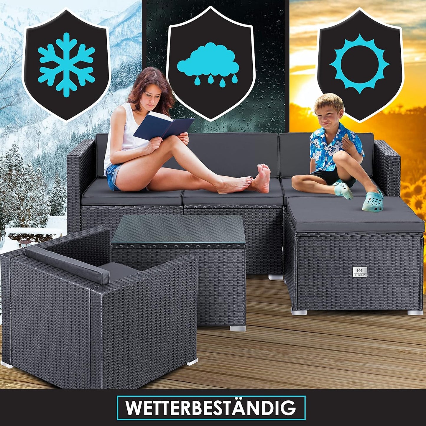 KESSER Polyrattan Gartenlounge Set Anthrazit – 4-teiliges Gartenmöbel Set mit Sofa, Sessel, Hocker & Tisch für Terrasse, Balkon, Garten
