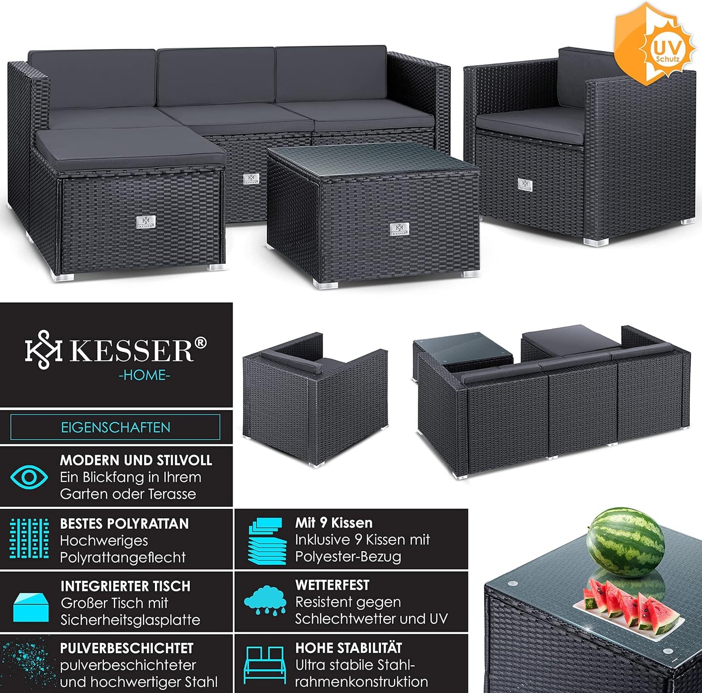 KESSER Polyrattan Gartenlounge Set Anthrazit – 4-teiliges Gartenmöbel Set mit Sofa, Sessel, Hocker & Tisch für Terrasse, Balkon, Garten