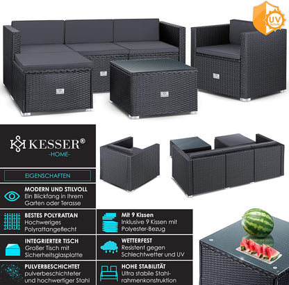 KESSER Polyrattan Gartenlounge Set Anthrazit – 4-teiliges Gartenmöbel Set mit Sofa, Sessel, Hocker & Tisch für Terrasse, Balkon, Garten