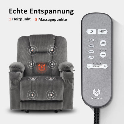 M MCombo Elektrischer Fernsehsessel Relaxsessel mit Liegefunktion, Massage & Wärme, USB-Anschluss, verstellbarer TV Sessel für Wohnzimmer
