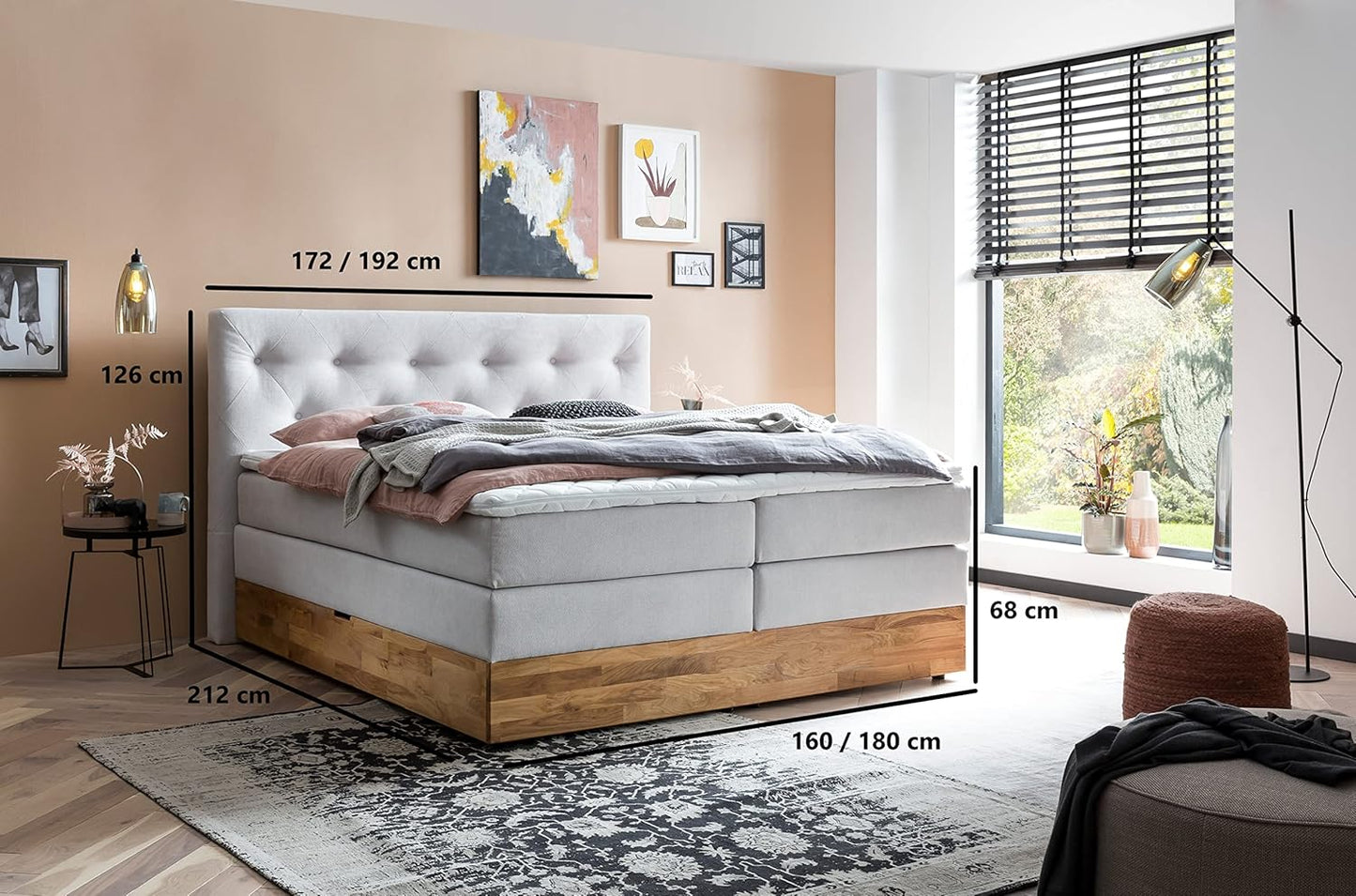 Belanoti Marbo Boxspringbett mit Bettkasten, 7-Zonen Taschenfederkern Matratze & Visco Topper, Massivholz Eiche, Polsterbett