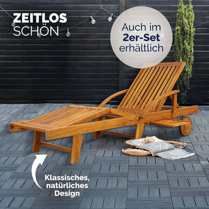 Casaria Sonnenliege 2er Set aus Akazienholz, Braun, klappbar mit Rädern & Tisch, 195x59x30 cm