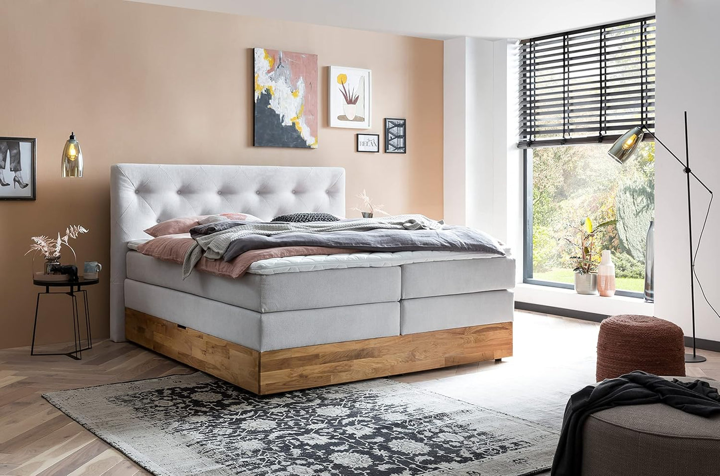 Belanoti Marbo Boxspringbett mit Bettkasten, 7-Zonen Taschenfederkern Matratze & Visco Topper, Massivholz Eiche, Polsterbett