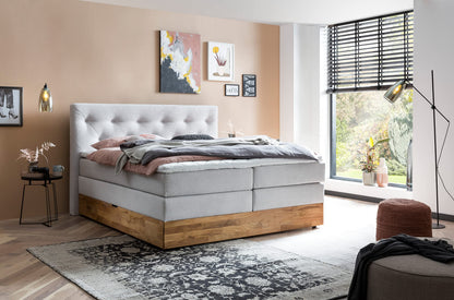 Belanoti Marbo Boxspringbett mit Bettkasten, 7-Zonen Taschenfederkern Matratze & Visco Topper, Massivholz Eiche, Polsterbett