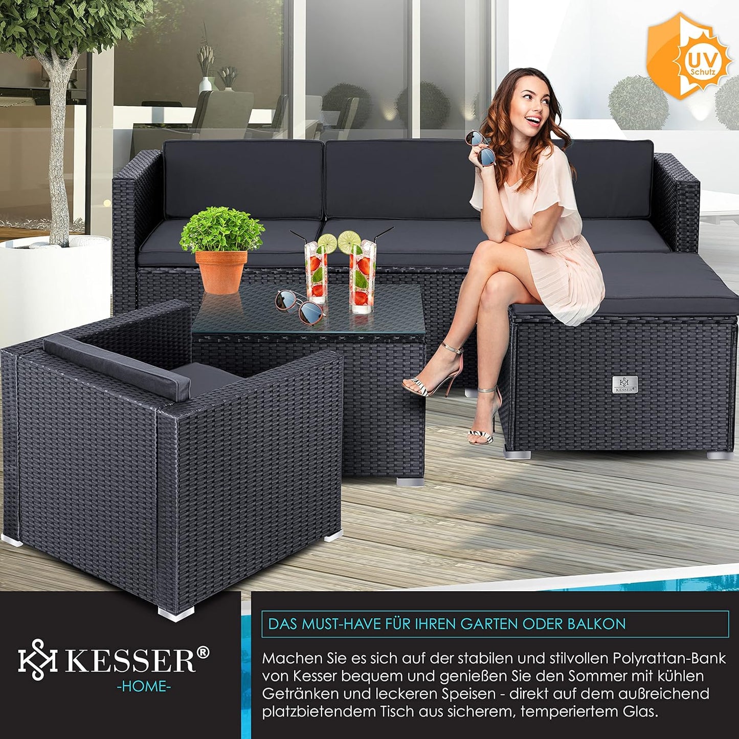 KESSER Polyrattan Gartenlounge Set Anthrazit – 4-teiliges Gartenmöbel Set mit Sofa, Sessel, Hocker & Tisch für Terrasse, Balkon, Garten