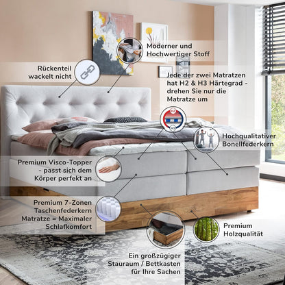 Belanoti Marbo Boxspringbett mit Bettkasten, 7-Zonen Taschenfederkern Matratze & Visco Topper, Massivholz Eiche, Polsterbett