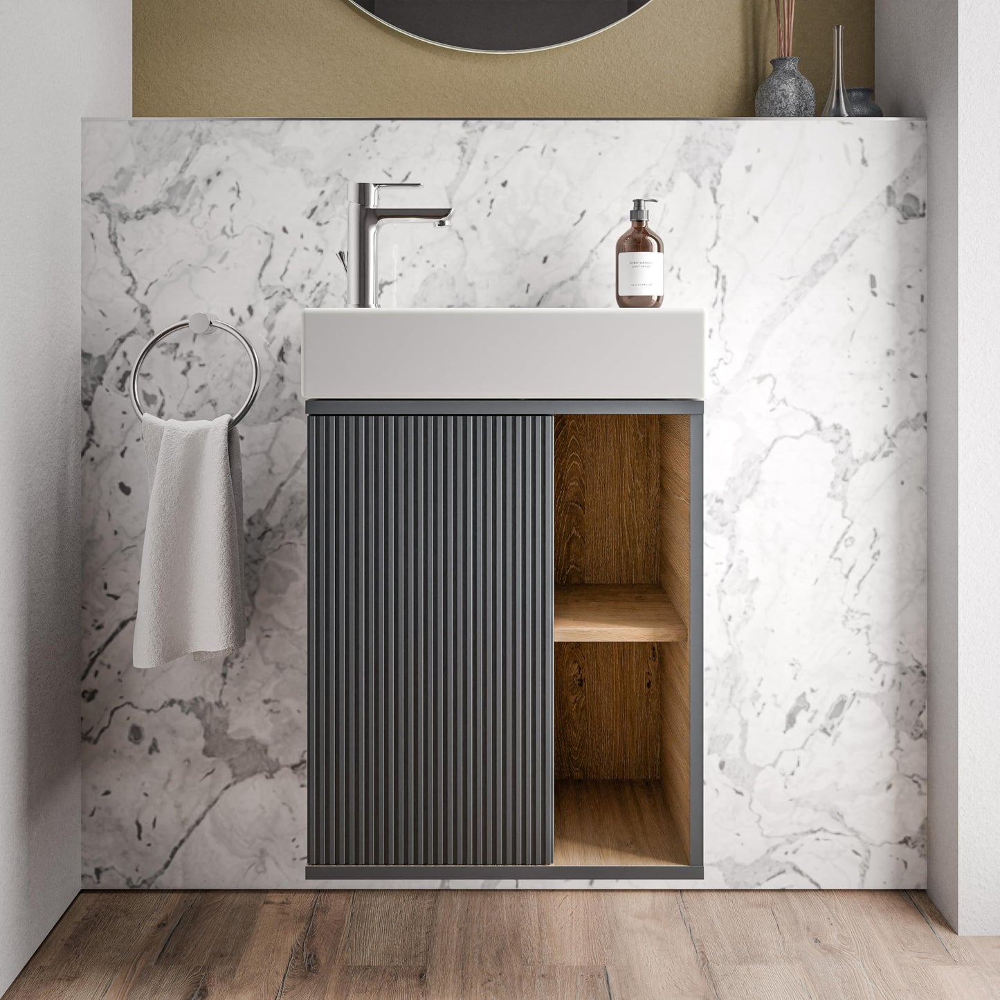 BERNSTEIN Beldivo Badmöbel Set mit Waschbecken – Wandhängender Waschtischunterschrank mit Keramikbecken, Push-Open & Soft-Close, MDF