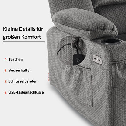 M MCombo Elektrischer Fernsehsessel Relaxsessel mit Liegefunktion, Massage & Wärme, USB-Anschluss, verstellbarer TV Sessel für Wohnzimmer