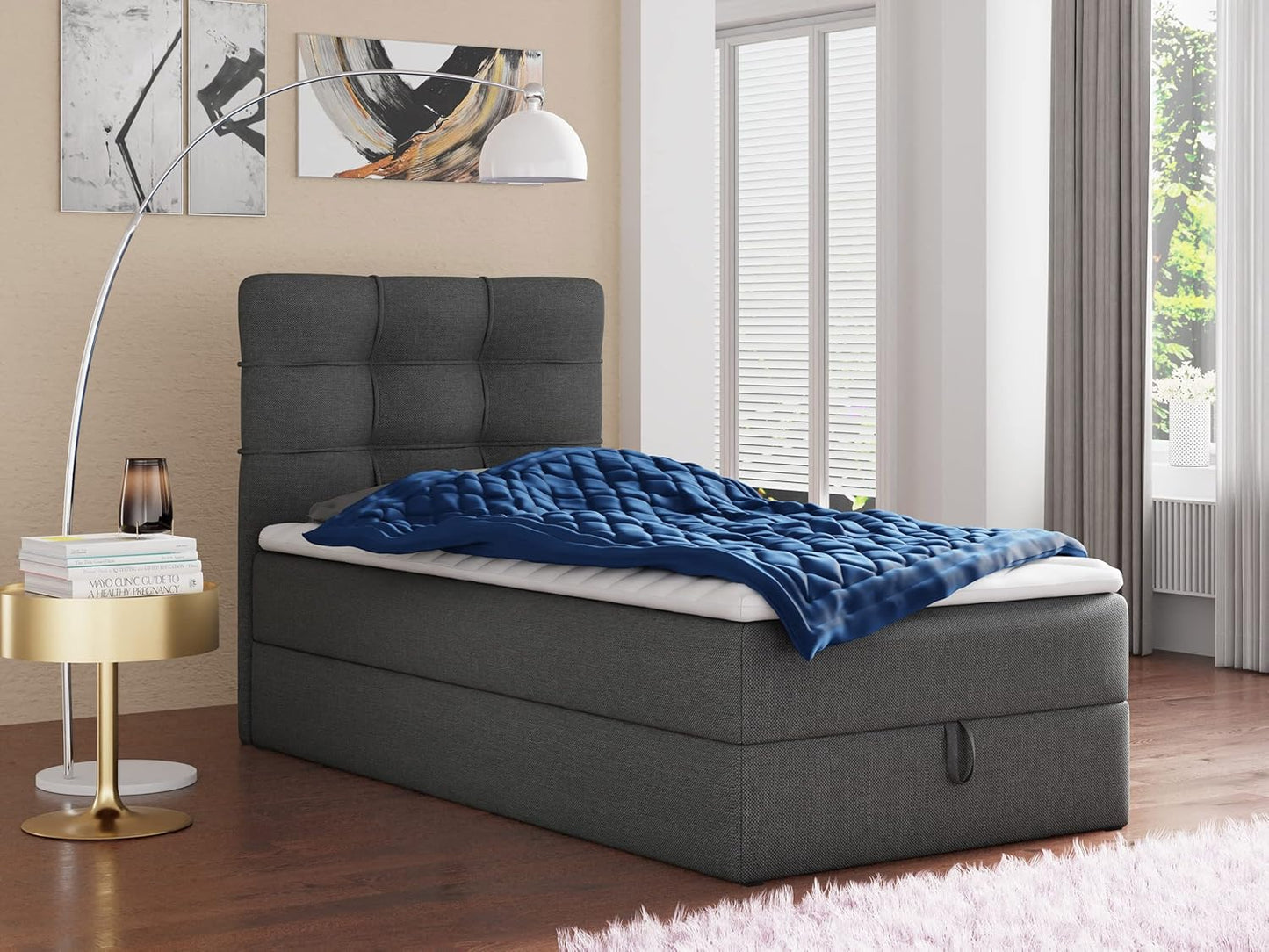 Sofnet Best Mini Boxspringbett mit Bettkasten und Topper – Gepolstertes Bett mit Bonellmatratze, Stauraumbett für Schlafzimmer