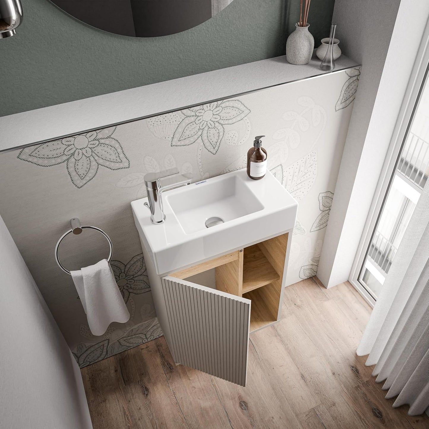 BERNSTEIN Beldivo Badmöbel Set mit Waschbecken – Wandhängender Waschtischunterschrank mit Keramikbecken, Push-Open & Soft-Close, MDF