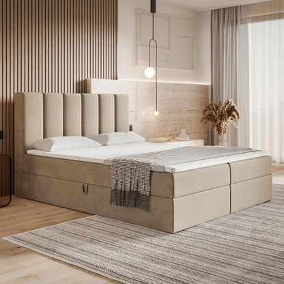 Motivena Santiago Boxspringbett 160x200 Beige Samt – Bett mit Bettkasten, Bonellfederkern Matratze H4 & Komfortschaum Topper H3