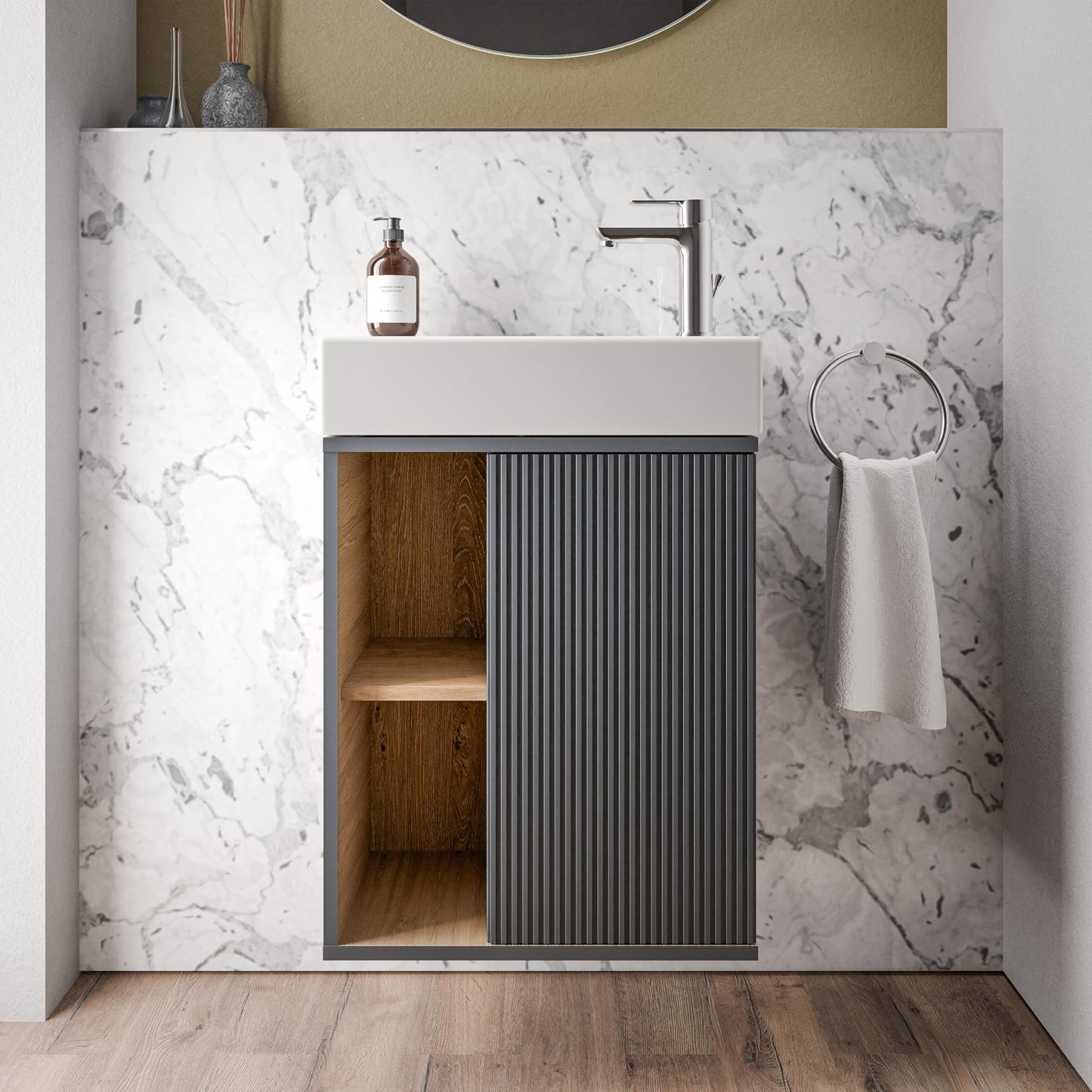 BERNSTEIN Beldivo Badmöbel Set mit Waschbecken – Wandhängender Waschtischunterschrank mit Keramikbecken, Push-Open & Soft-Close, MDF