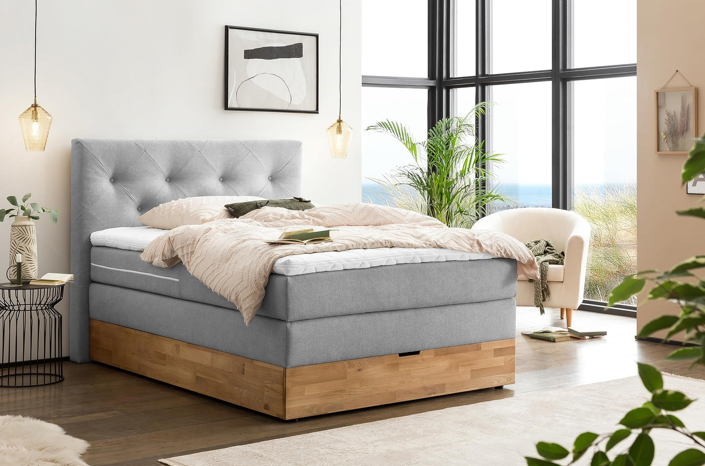 Belanoti Marbo Boxspringbett mit Bettkasten, 7-Zonen Taschenfederkern Matratze & Visco Topper, Massivholz Eiche, Polsterbett