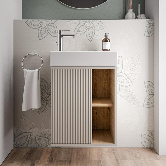 BERNSTEIN Beldivo Badmöbel Set mit Waschbecken – Wandhängender Waschtischunterschrank mit Keramikbecken, Push-Open & Soft-Close, MDF
