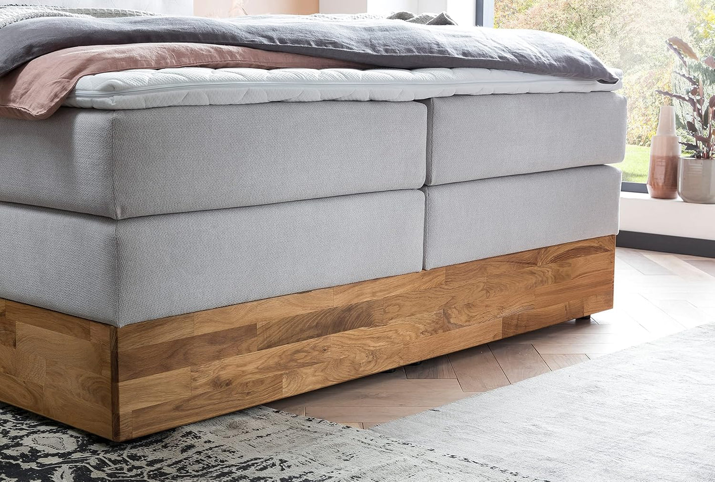 Belanoti Marbo Boxspringbett mit Bettkasten, 7-Zonen Taschenfederkern Matratze & Visco Topper, Massivholz Eiche, Polsterbett