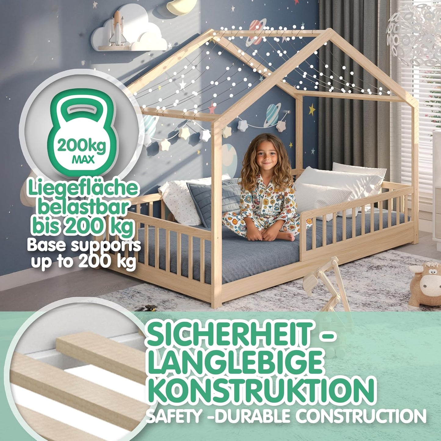 CADANI Malte Kinderbett Hausbett – Montessori Bodenbett aus Massivholz mit Rausfallschutz & Lattenrost – Skandinavisches Kinderbett